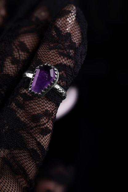 EKRJ1228 Handmade Sterling Silver Amethyst Coffin Ring