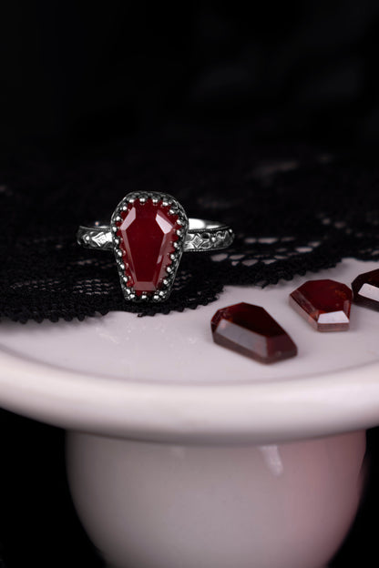 EKRJ1229 Handmade Sterling Silver Gothic Garnet Coffin Ring
