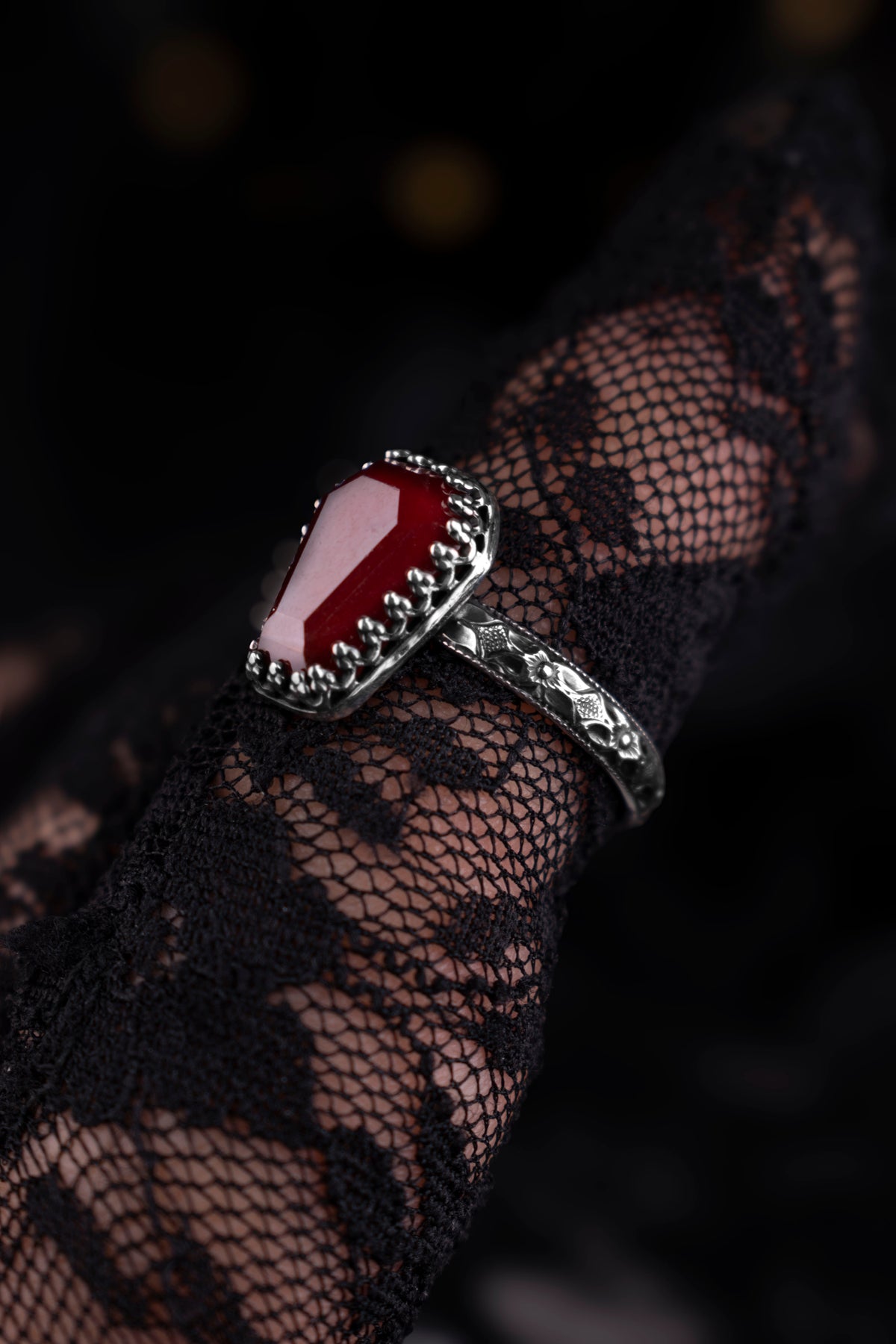 EKRJ1229 Handmade Sterling Silver Gothic Garnet Coffin Ring