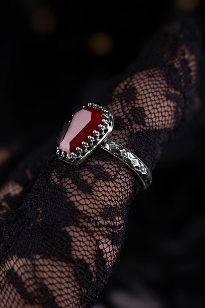 EKRJ1229 Handmade Sterling Silver Gothic Garnet Coffin Ring