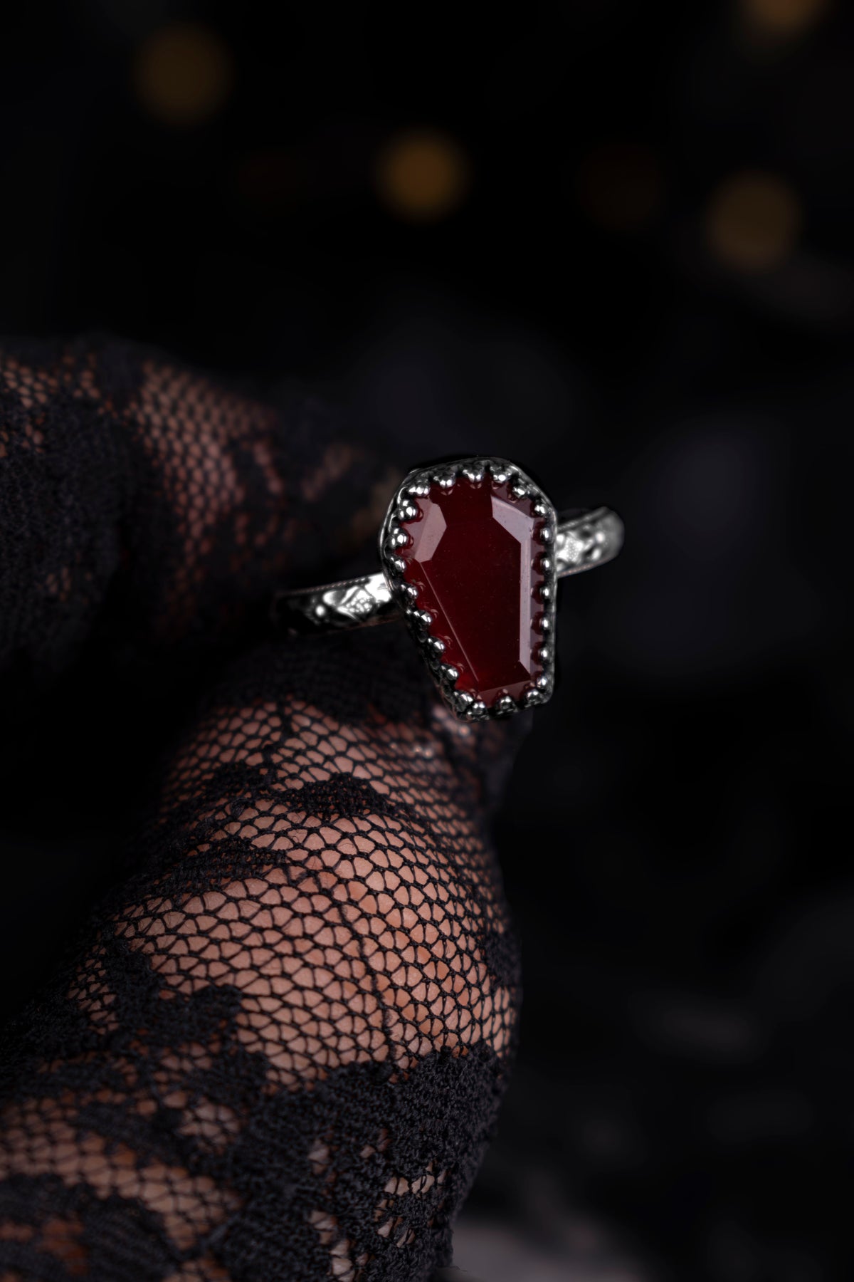 EKRJ1229 Handmade Sterling Silver Gothic Garnet Coffin Ring