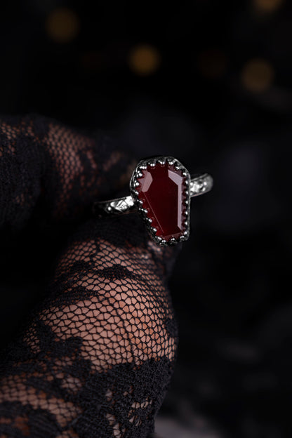 EKRJ1229 Handmade Sterling Silver Gothic Garnet Coffin Ring