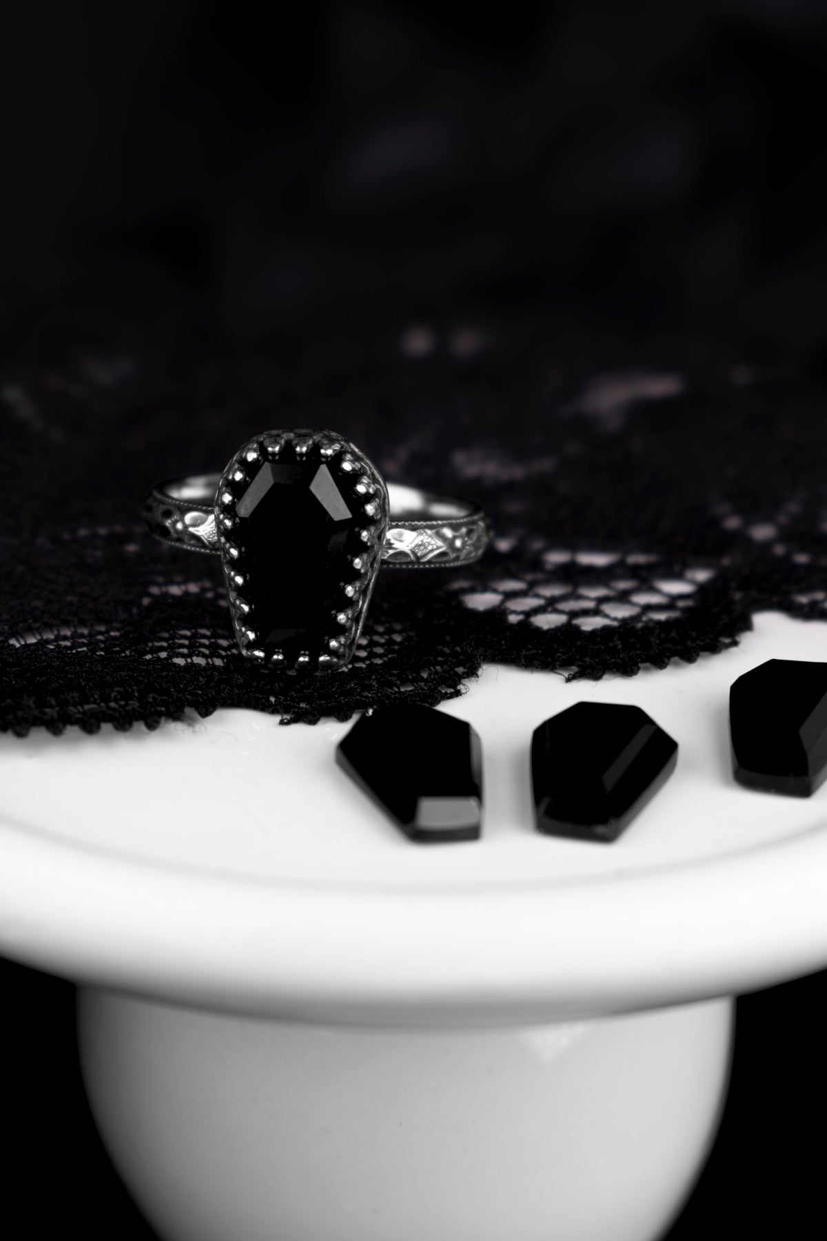 EKRJ1230 Handmade Victorian Gothic Coffin Black Onyx Ring in Sterling Silver
