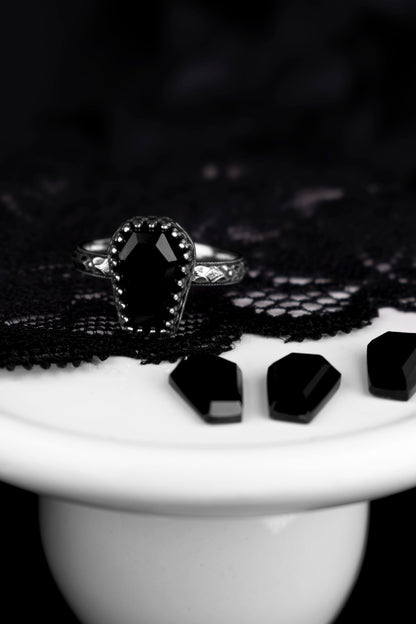 EKRJ1230 Handmade Victorian Gothic Coffin Black Onyx Ring in Sterling Silver