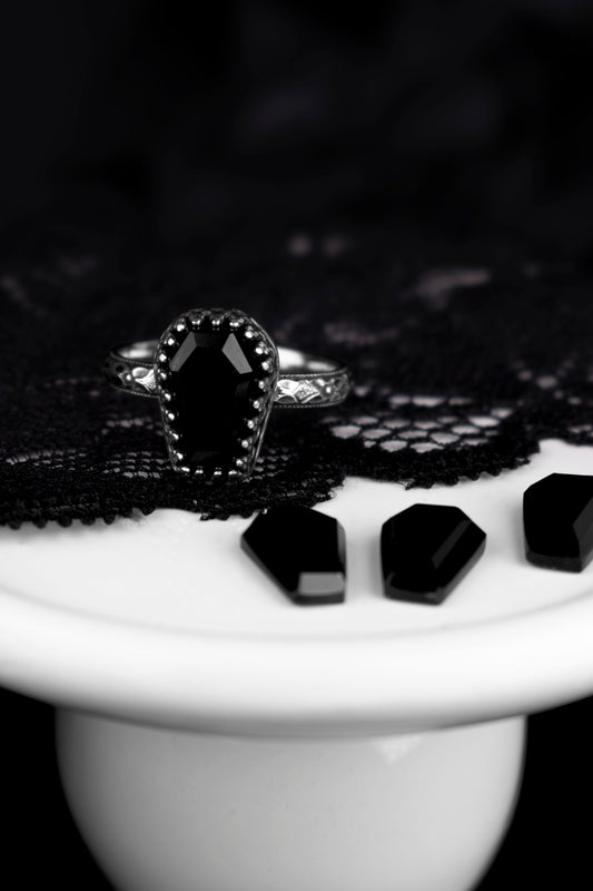 EKRJ1230 Handmade Victorian Gothic Coffin Black Onyx Ring in Sterling Silver
