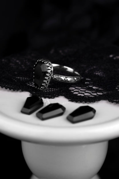 EKRJ1230 Handmade Victorian Gothic Coffin Black Onyx Ring in Sterling Silver