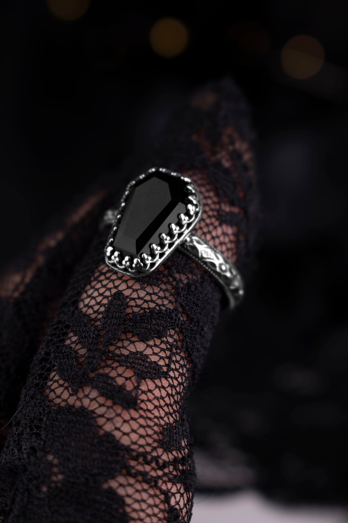 EKRJ1230 Handmade Victorian Gothic Coffin Black Onyx Ring in Sterling Silver