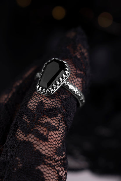 EKRJ1230 Handmade Victorian Gothic Coffin Black Onyx Ring in Sterling Silver