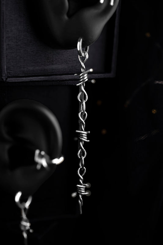 EKRJ1234 Handmade Sterling Silver Barbed Wire Long Drop Earrings