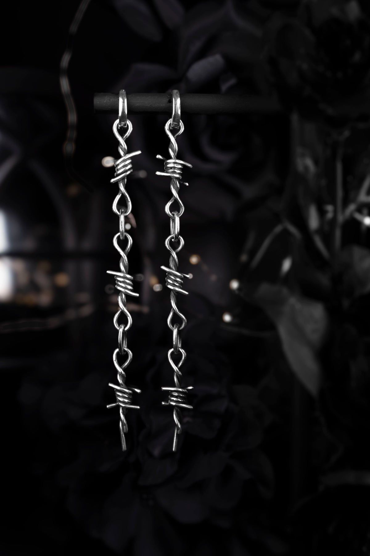 EKRJ1234 Handmade Sterling Silver Barbed Wire Long Drop Earrings