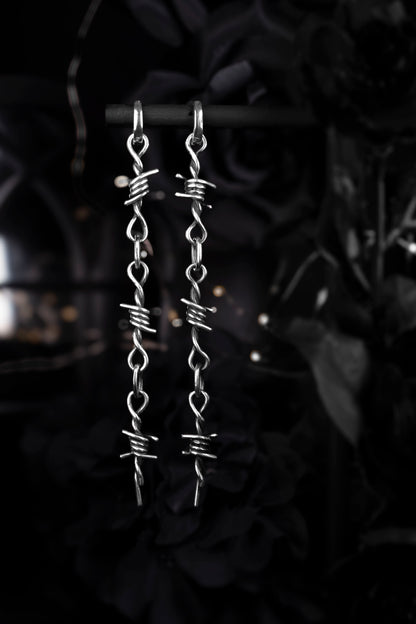EKRJ1234 Handmade Sterling Silver Barbed Wire Long Drop Earrings