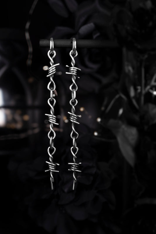 EKRJ1234 Handmade Sterling Silver Barbed Wire Long Drop Earrings