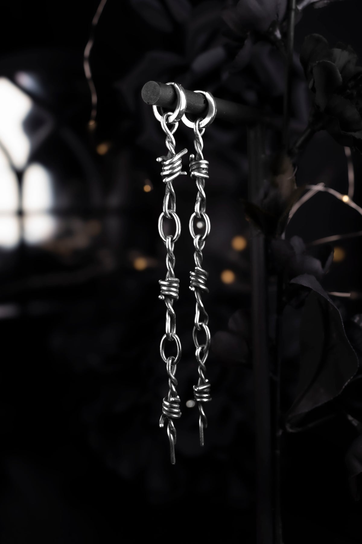EKRJ1234 Handmade Sterling Silver Barbed Wire Long Drop Earrings