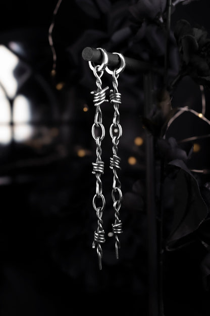 EKRJ1234 Handmade Sterling Silver Barbed Wire Long Drop Earrings