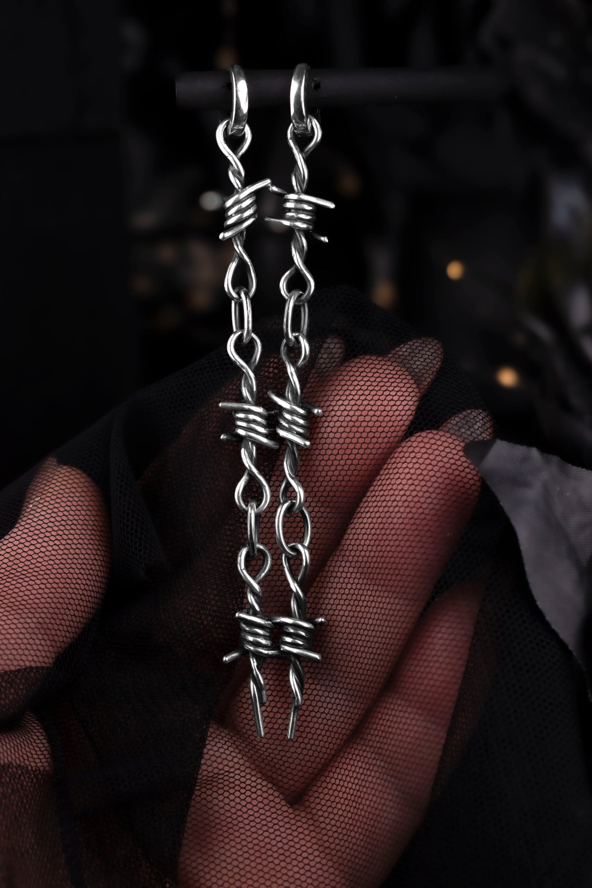 EKRJ1234 Handmade Sterling Silver Barbed Wire Long Drop Earrings