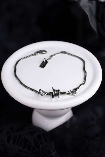 EKRJ1235 Handmade Sterling Silver Barbed Wire & 2mm Curb Chain Bracelet