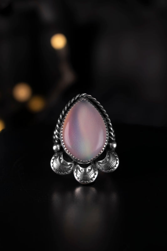 EKRJ1060 EKRJ Handmade Sterling Silver Aurora Opal Ring, Soft Rainbow Glow
