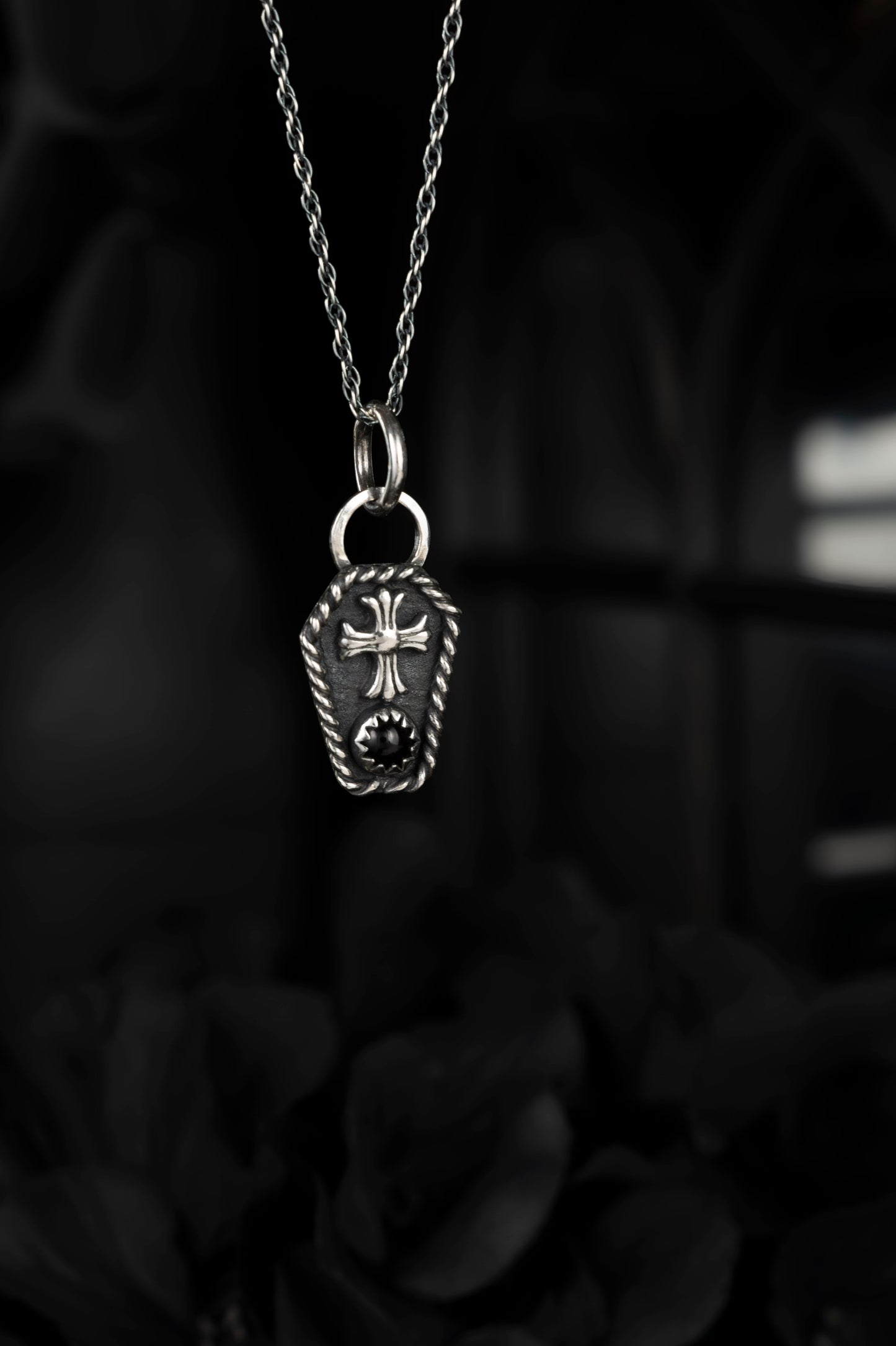 EKRJ681 Gothic Coffin Necklace | Sterling Silver Cross Pendant | Handmade Onyx Jewelry | Alternative Style