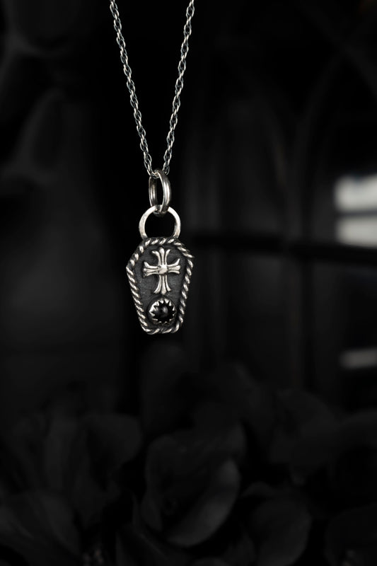 EKRJ681 Gothic Coffin Necklace | Sterling Silver Cross Pendant | Handmade Onyx Jewelry | Alternative Style