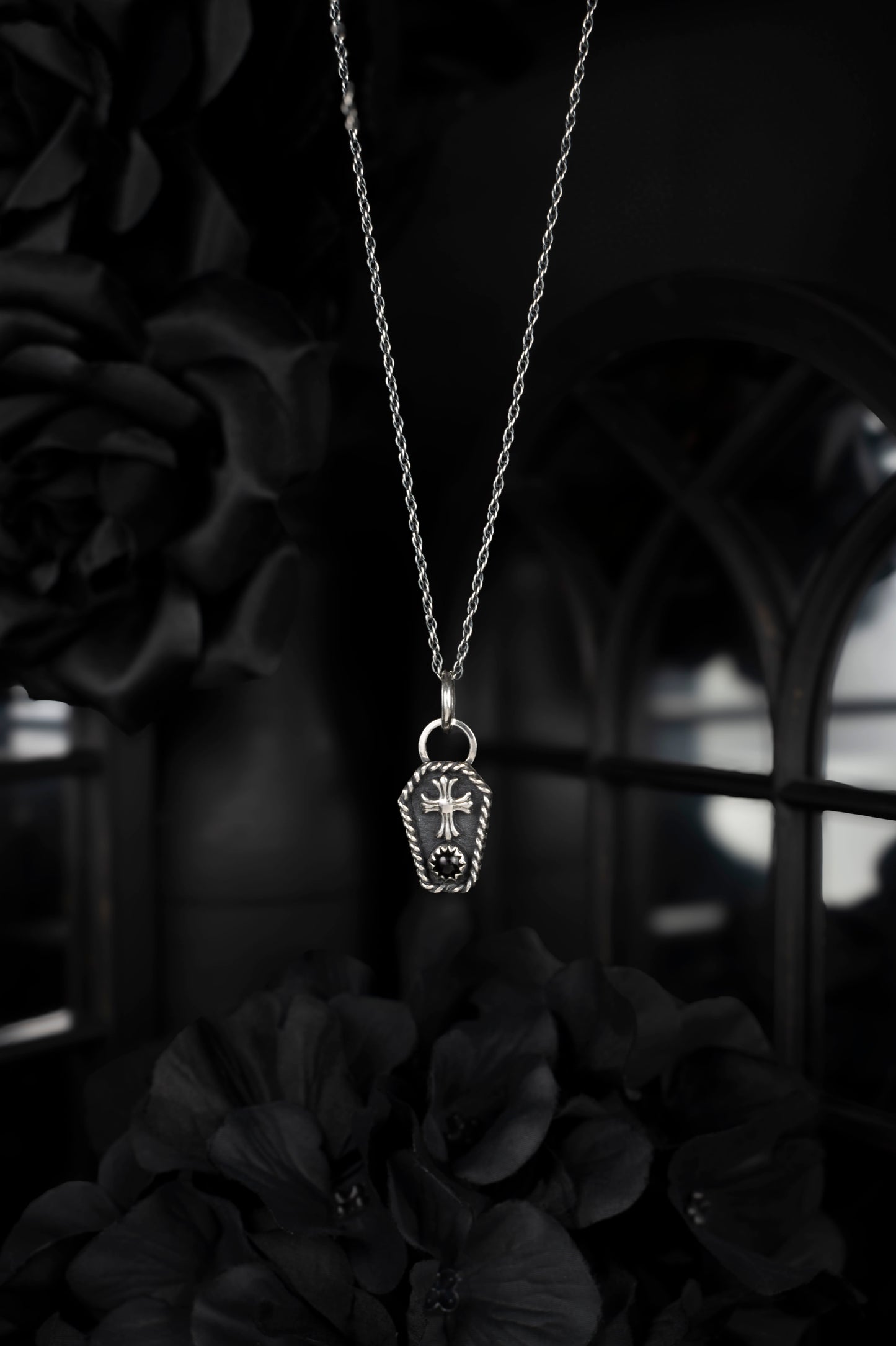 EKRJ681 Gothic Coffin Necklace | Sterling Silver Cross Pendant | Handmade Onyx Jewelry | Alternative Style