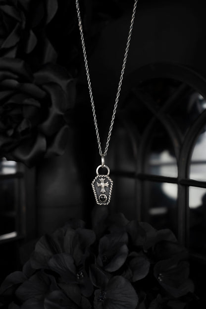 EKRJ681 Gothic Coffin Necklace | Sterling Silver Cross Pendant | Handmade Onyx Jewelry | Alternative Style