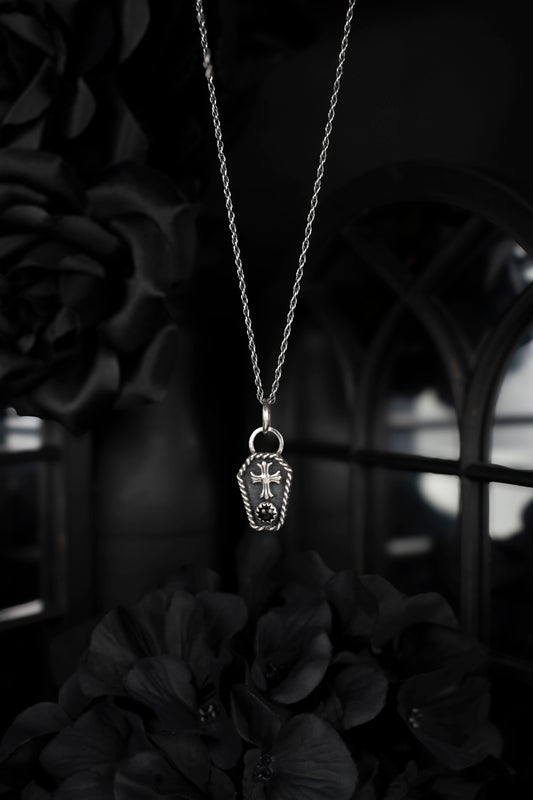 EKRJ681 Gothic Coffin Necklace | Sterling Silver Cross Pendant | Handmade Onyx Jewelry | Alternative Style