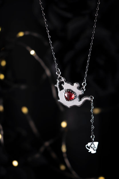 EKRJ1106 EKRJ Handmade Mozambique Red Garnet Teapot Silver Necklace
