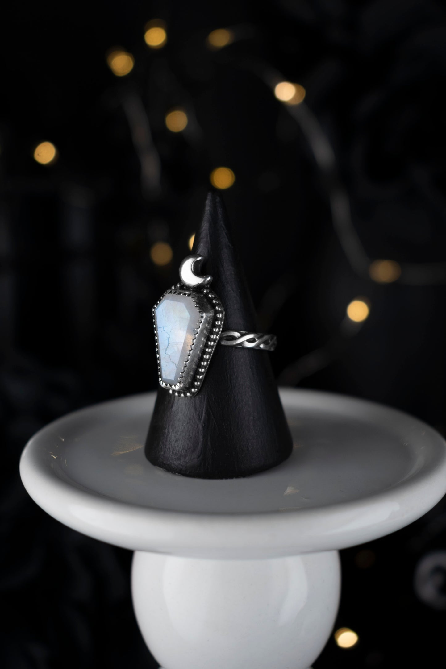 EKRJ1100 Handmade Moonstone Coffin Ring with Crescent Moon