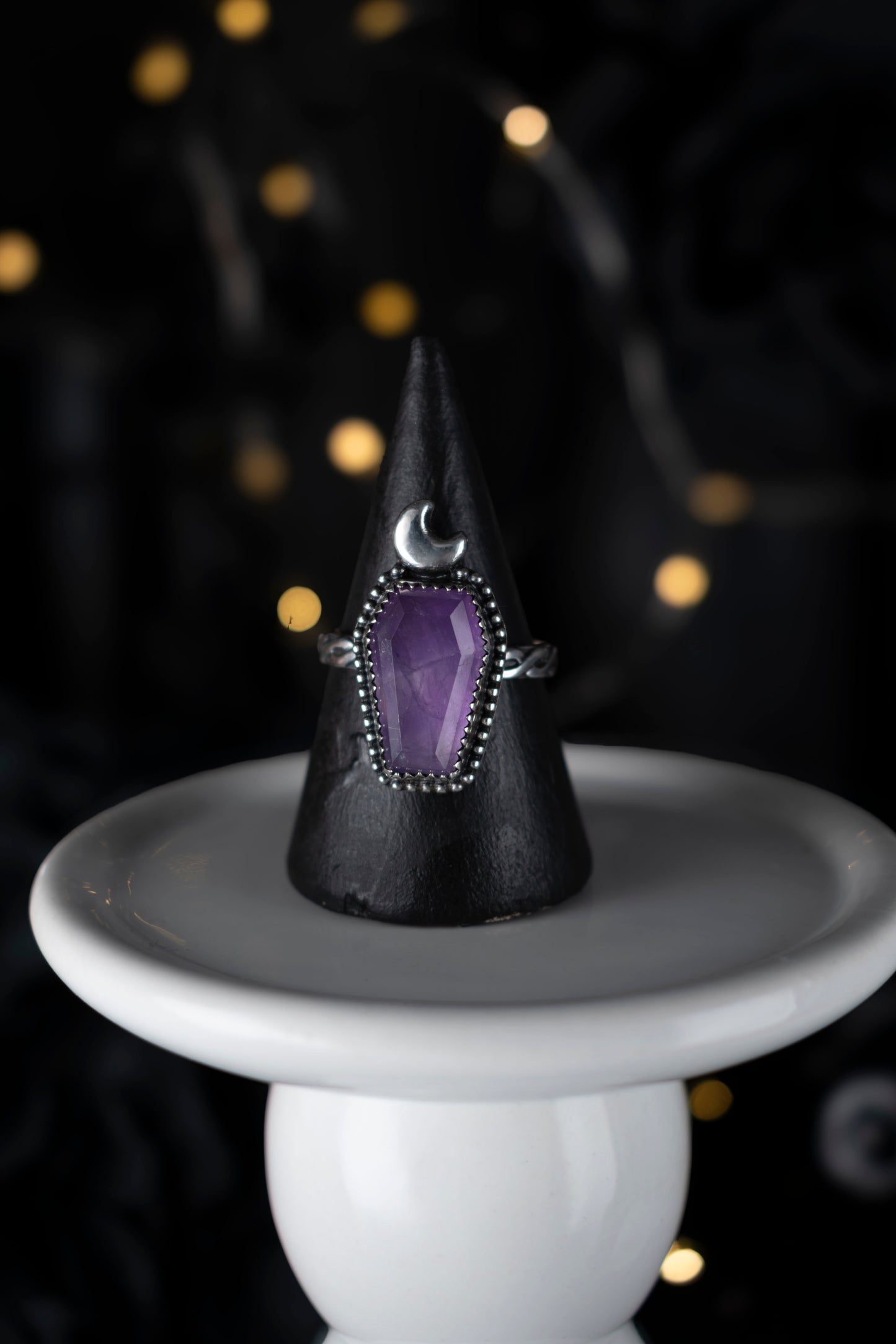 EKRJ1099 Handmade Amethyst Coffin Moon Silver Ring
