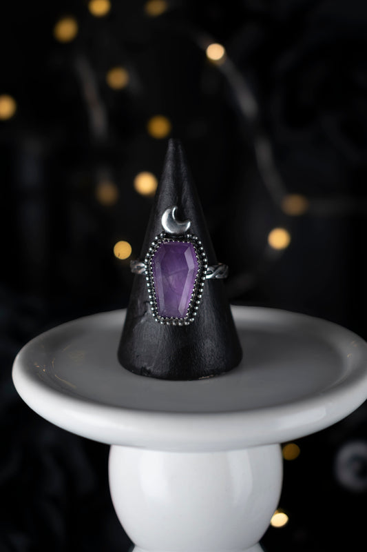 EKRJ1099 Handmade Amethyst Coffin Moon Silver Ring