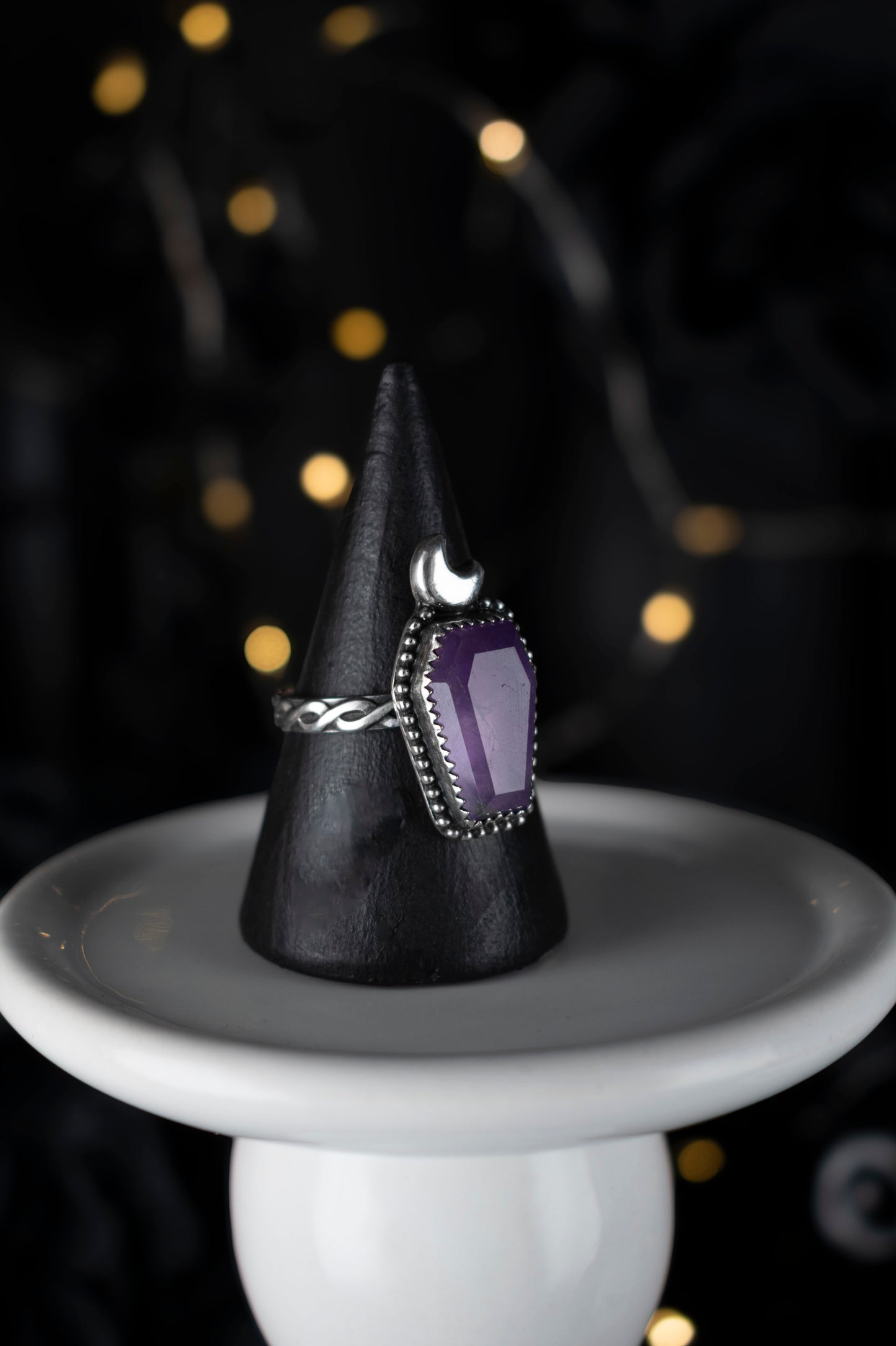 EKRJ1099 Handmade Amethyst Coffin Moon Silver Ring