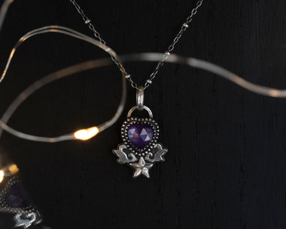 EKRJ750  Rose Cut Heart Shape Natural Amethyst One-of-a-kind Silver Necklace