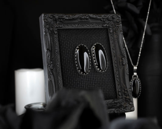 EKRJ799 Long Oval Black Onyx Handmade Silver Earrings