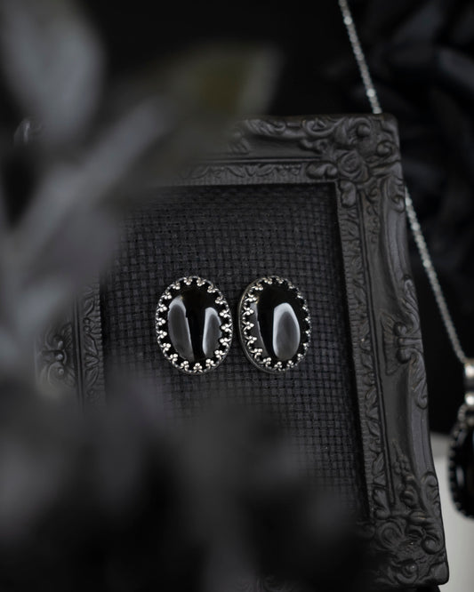 EKRJ801 Oval Black Onyx Handmade Silver Earrings