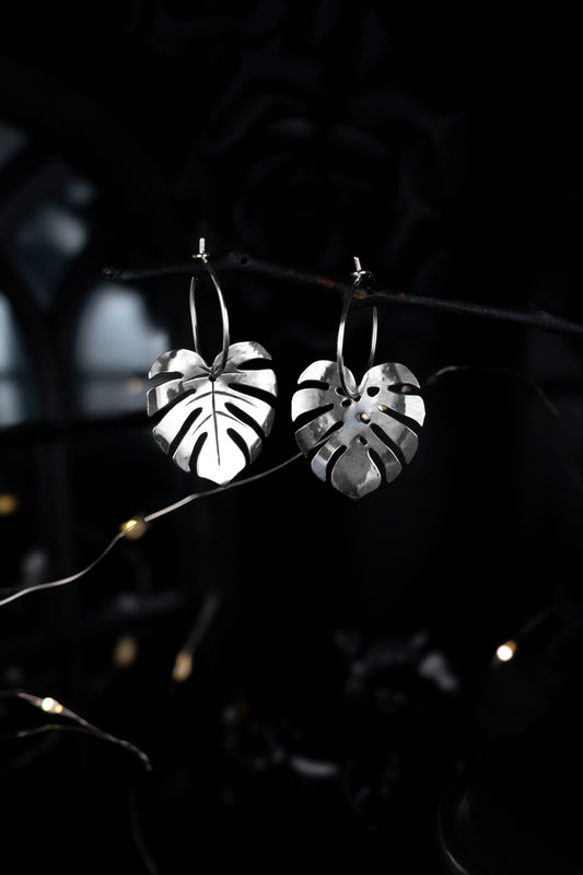 EKRJ803 Monstera Leaves Silver Earrings