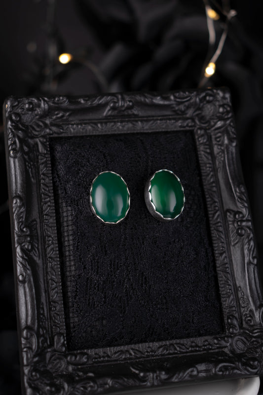 EKRJ1113 Handmade Oval Green Jade Studs Silver Earrings