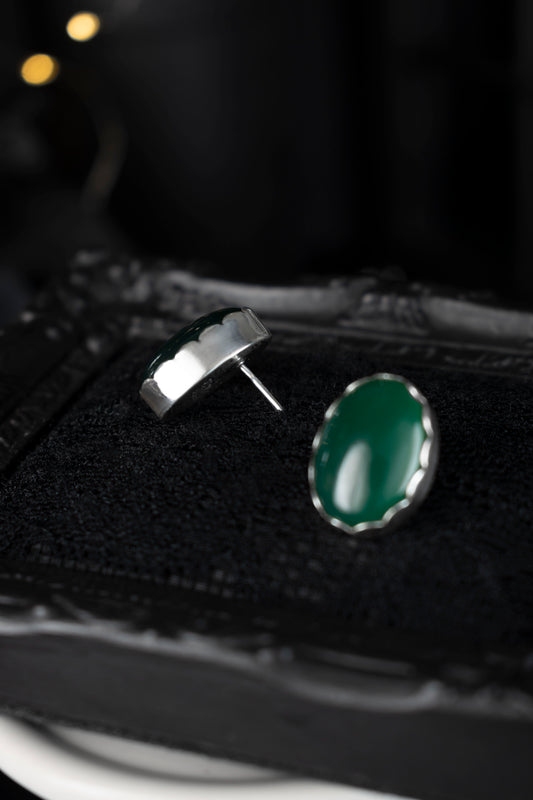 EKRJ1113 Handmade Oval Green Jade Studs Silver Earrings