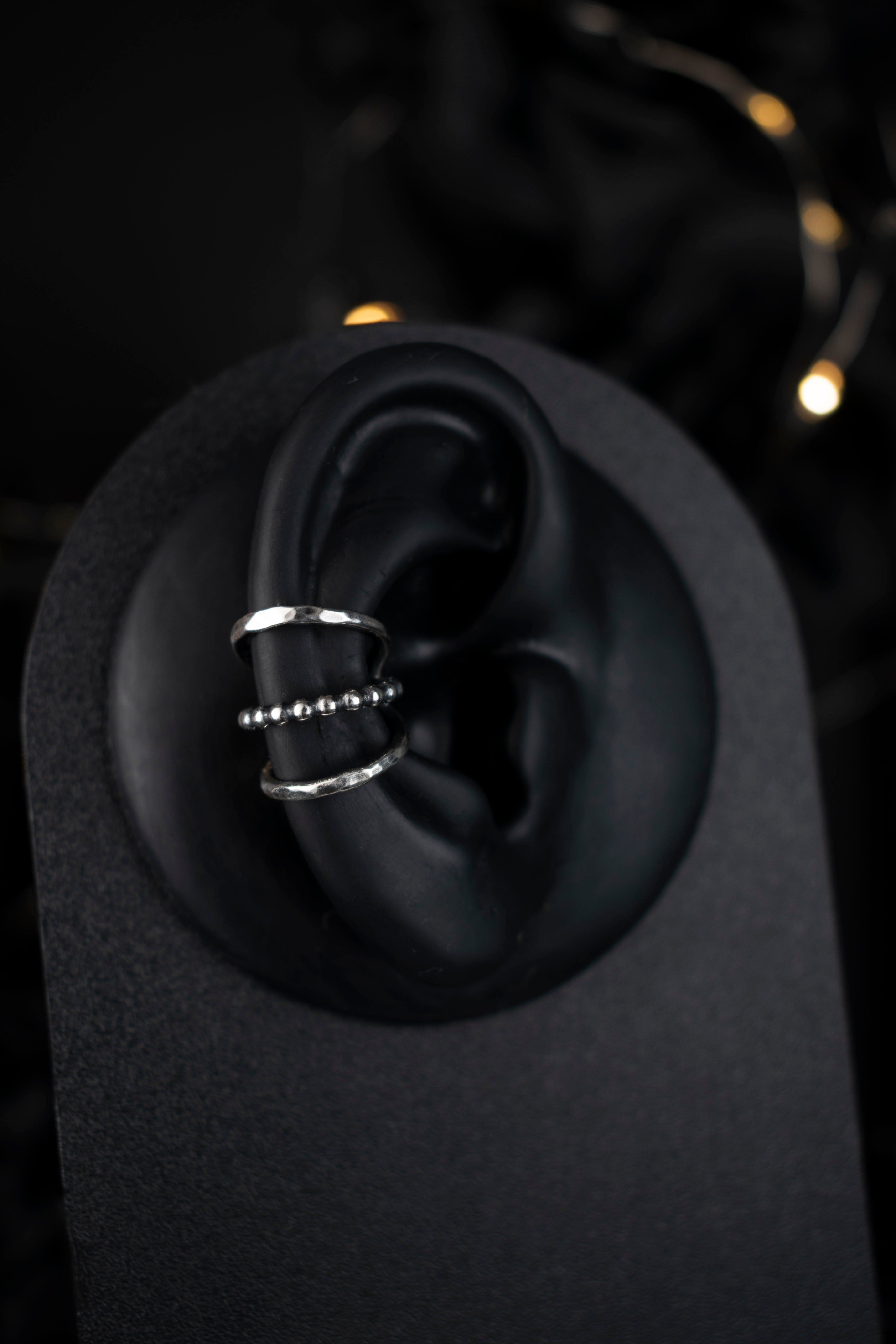 EKRJ1097 Hammered & Beaded Triple Band Silver Ear Cuff
