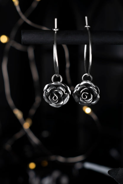 EKRJ925 Small Blooming Rose(11mm) Sterling Silver Hoop Earrings
