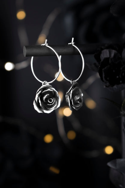 EKRJ926 Blooming Rose(16mm) Sterling Silver Hoop Earrings