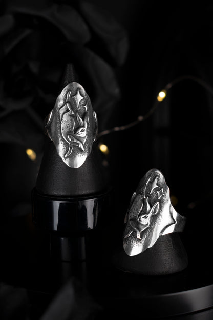 EKRJ972 Spring Hare Ring Sterling Silver Midnight Starry Rabbit Jewelry