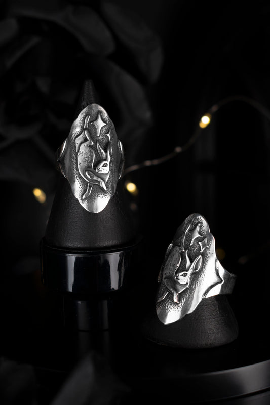 EKRJ972 Spring Hare Ring Sterling Silver Midnight Starry Rabbit Jewelry