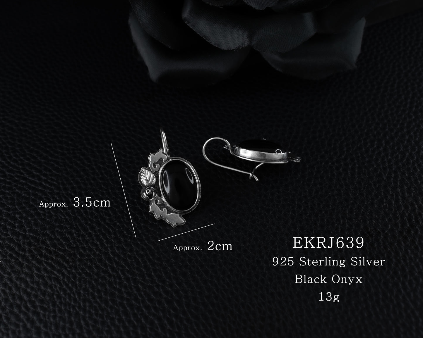 EKRJ639  Black Onyx Rose&Acanthus One-of-a kind Handmade Silver Earrings