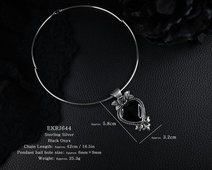 EKRJ644  Heart of Black Rose Onyx One-of-a-kind Silver Necklace