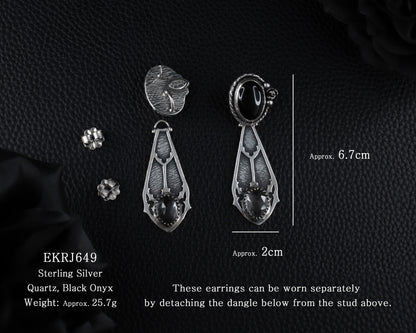 EKRJ649_ Gothic-inspired Black Onyx and Quartz One-of-a-kind Handmade Silver Earrings