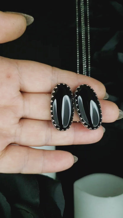 EKRJ799 Long Oval Black Onyx Handmade Silver Earrings