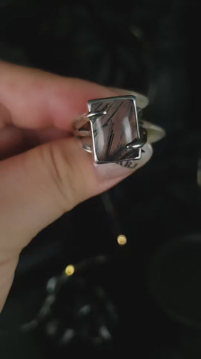 EKRJ1040 Black Rutile Quartz Handmade Silver Ring – Modern Rectangular Statement
