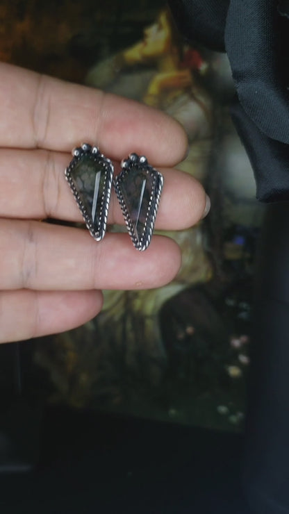 EKRJ810 Moss Agate Kite Shape Rose Cut Handmade One-Of-A-Kind Silver Earrings