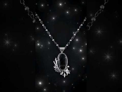EKRJ609 Black Onyx and Silver Green Cedar Leaves and Star One-of-a-kind Necklace