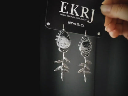 EKRJ461 Snowy Night Long Drop Leaves One-of-a kind Handmade Bold Earrings